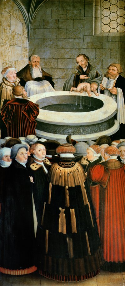 Triptych, Left Panel, Philipp Melanchthon Performs a Baptism Assisted by Martin Luther; Centre Panel, the Last Supper with Luther Amongst the Apostles; Right Panel, Luther Makes His Confession by Lucas Cranach the Elder